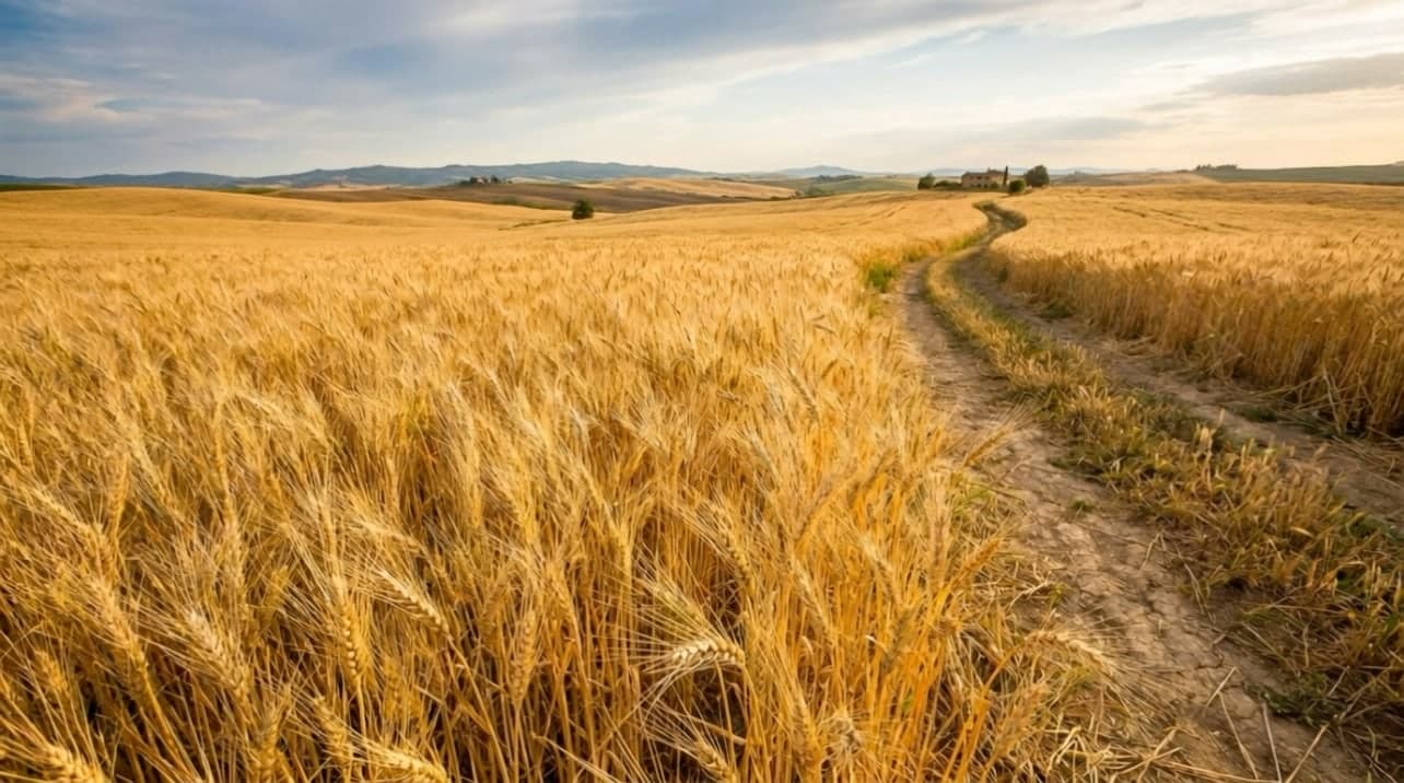 Reifes Weizenfeld im Wind, ein Feldweg führt in eine Hügellandschaft